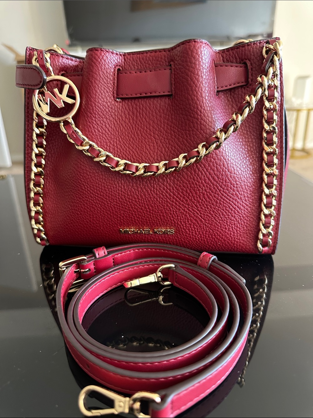 Michael Kors Burgundy Pebbled Leather Mini Bucket Bag with Gold Chain